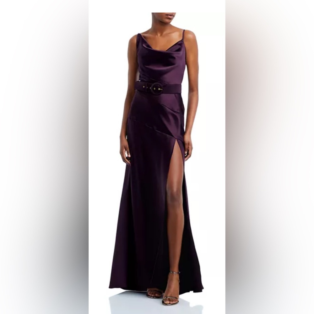 Aqua Satin Cowl Neck Spaghetti Strap Gown in Deep Plum